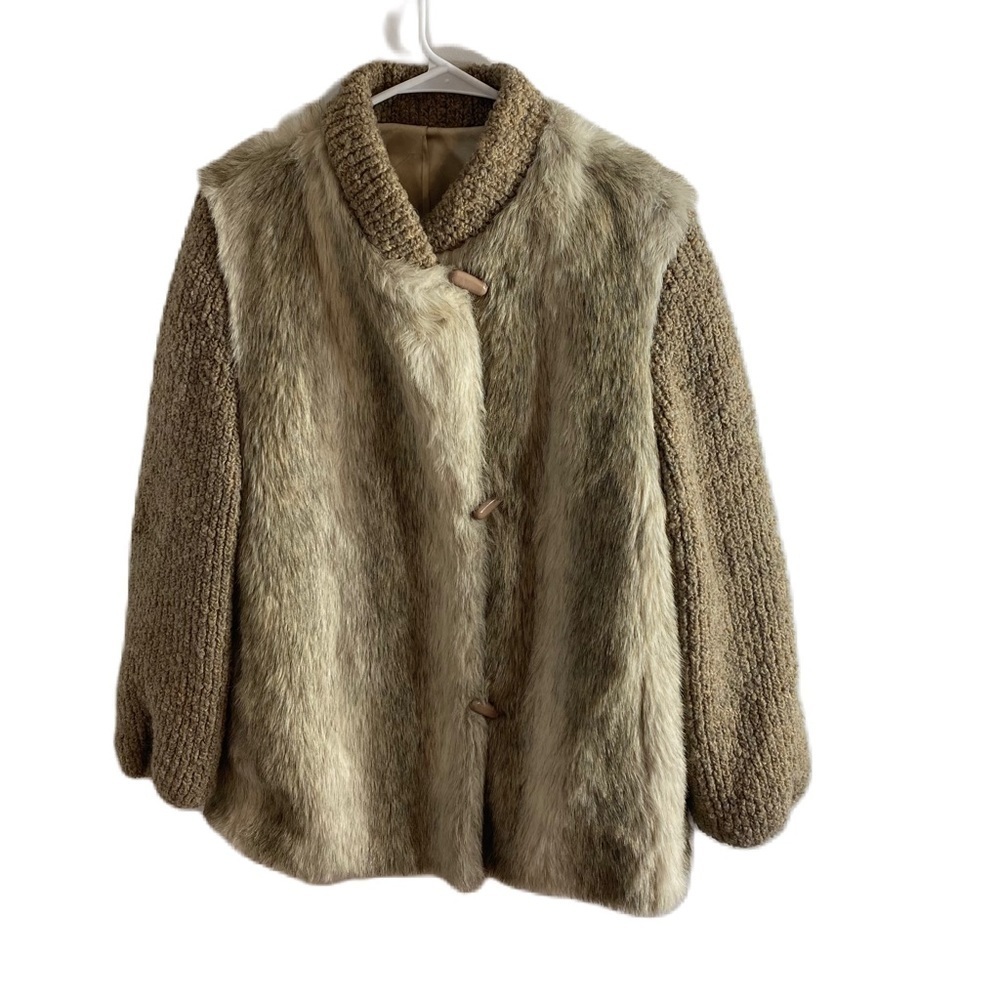 Vintage D’Esprit Fur Coat Jacket Sz 14 Toggle Button Tan Cream Knit ILGWU Union